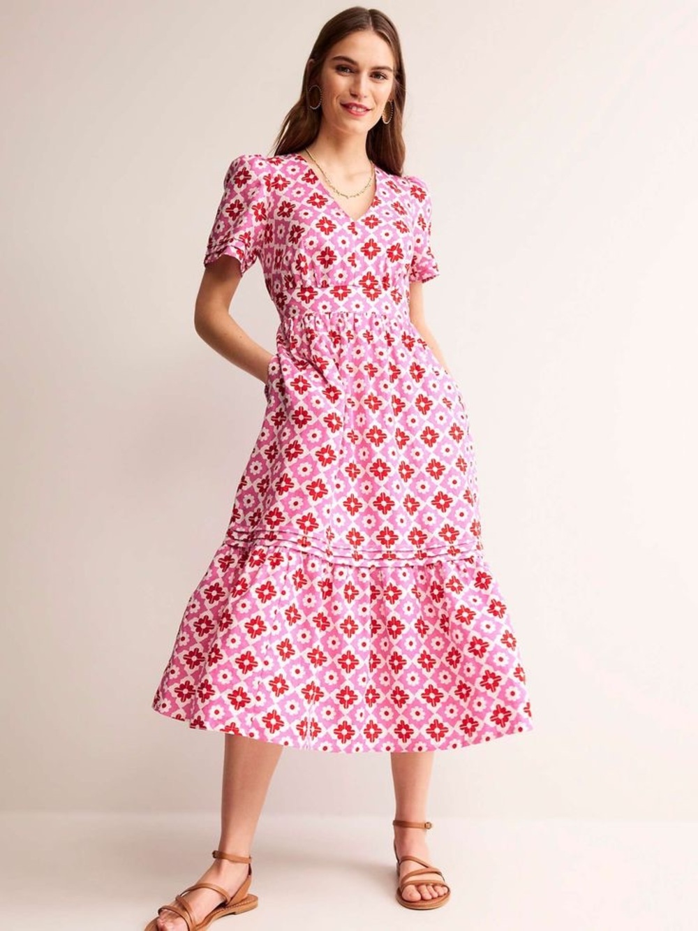 EUC Boden Pink Floral V-Neck Midi Dress